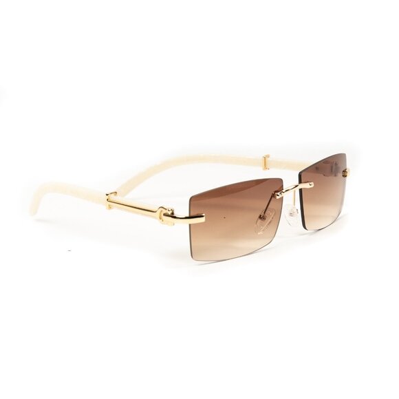Retro Gold Frame Brown Tint Rimless Buffs White Woodgrain Arm Sunglasses - Picture 6 of 7
